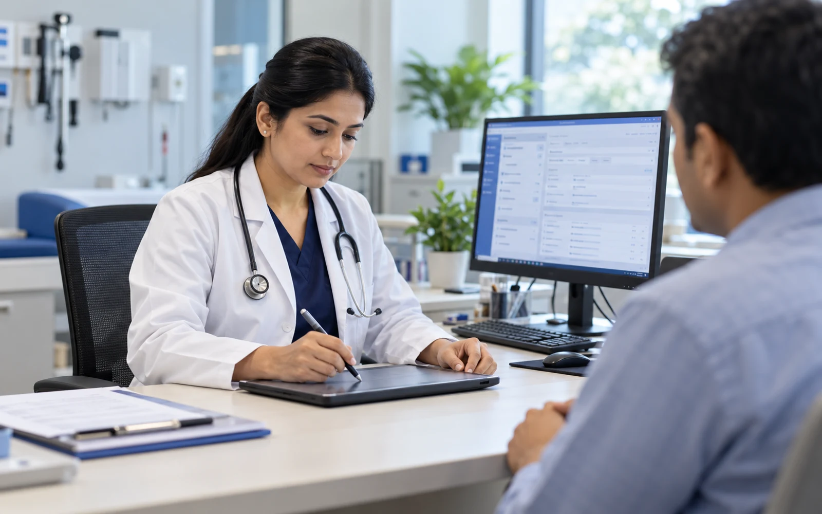 Doctor reviewing a digital prescription during a hospital consultation